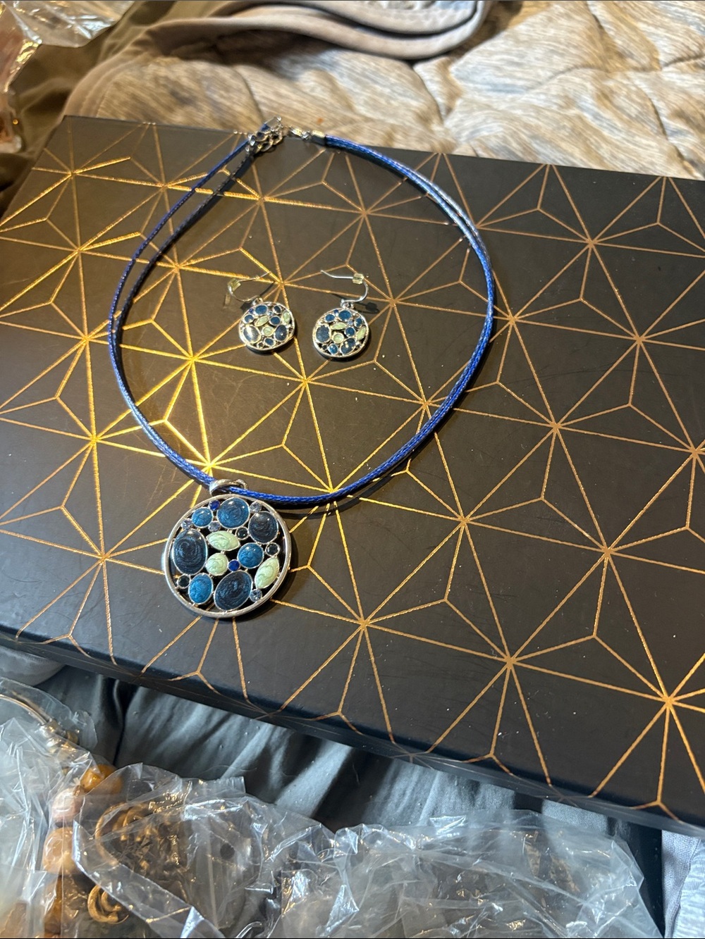 Blue Mosaic Pendant Necklace and Earring Set